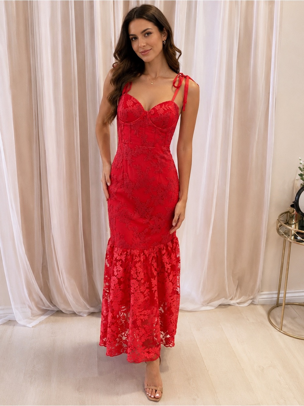 Lulu's Red Lace Tie-Shoulder Mermaid Maxi Dress